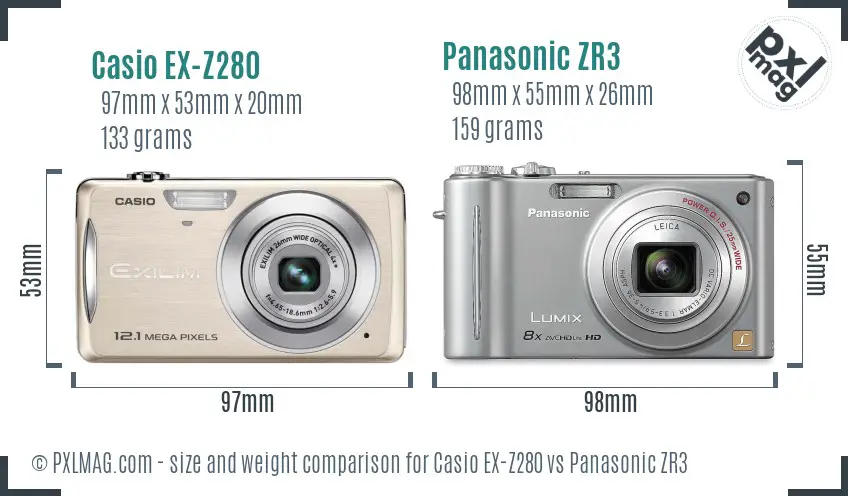 Casio EX-Z280 vs Panasonic ZR3 size comparison