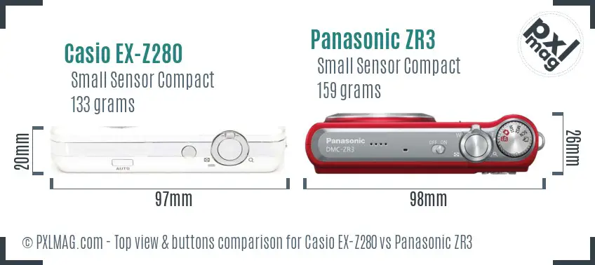 Casio EX-Z280 vs Panasonic ZR3 top view buttons comparison