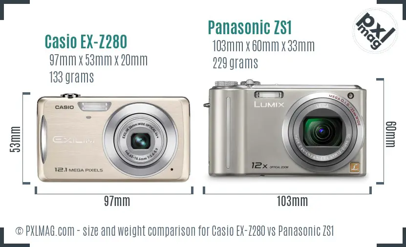 Casio EX-Z280 vs Panasonic ZS1 size comparison