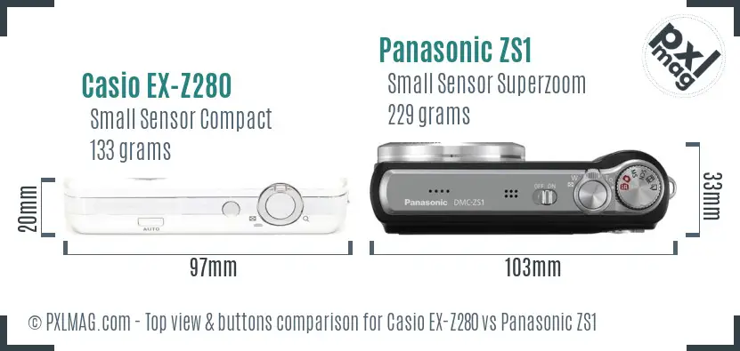 Casio EX-Z280 vs Panasonic ZS1 top view buttons comparison