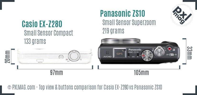 Casio EX-Z280 vs Panasonic ZS10 top view buttons comparison