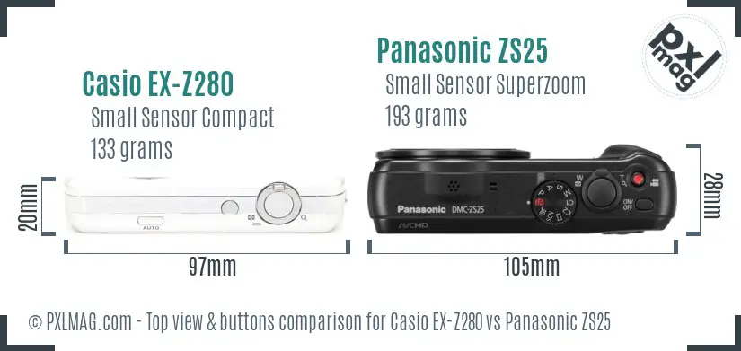 Casio EX-Z280 vs Panasonic ZS25 top view buttons comparison Casio EX-Z280 vs Panasonic ZS25 top view buttons comparison