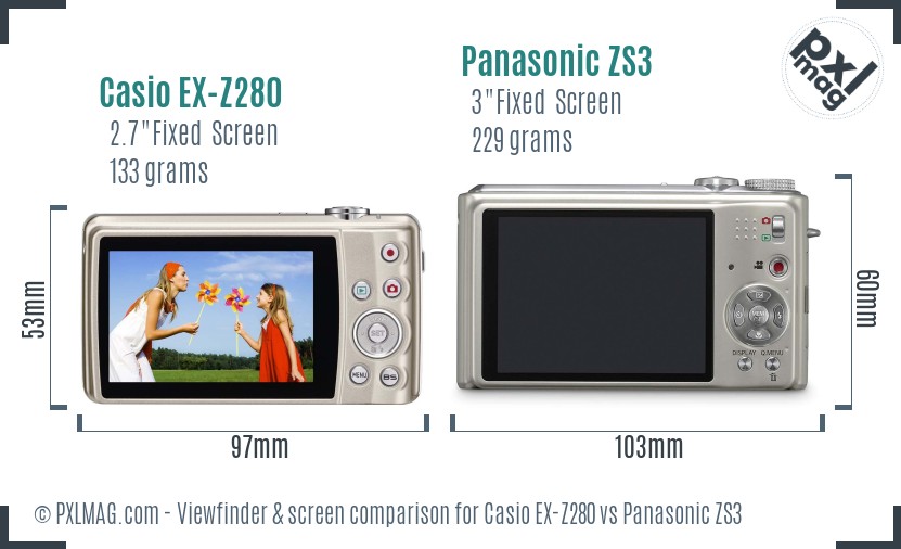Casio EX-Z280 vs Panasonic ZS3 Screen and Viewfinder comparison