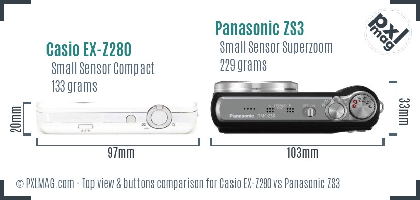 Casio EX-Z280 vs Panasonic ZS3 top view buttons comparison