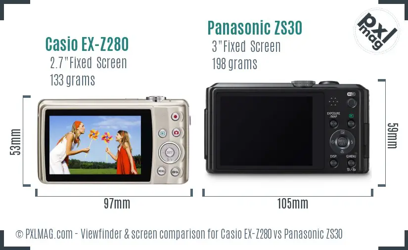 Casio EX-Z280 vs Panasonic ZS30 Screen and Viewfinder comparison