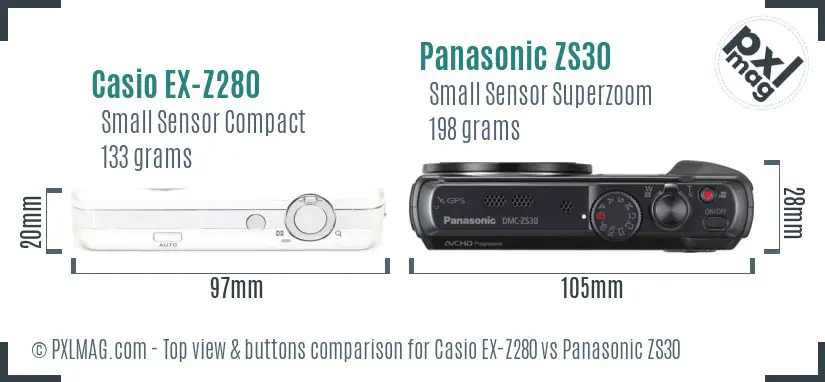 Casio EX-Z280 vs Panasonic ZS30 top view buttons comparison