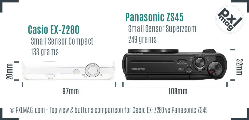 Casio EX-Z280 vs Panasonic ZS45 top view buttons comparison