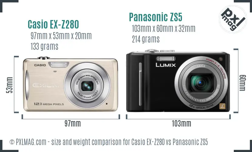 Casio EX-Z280 vs Panasonic ZS5 size comparison