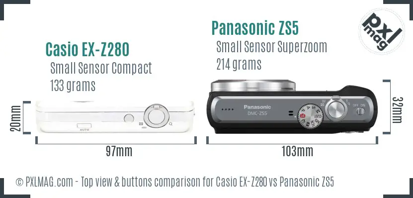 Casio EX-Z280 vs Panasonic ZS5 top view buttons comparison