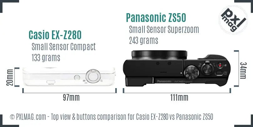 Casio EX-Z280 vs Panasonic ZS50 top view buttons comparison Casio EX-Z280 vs Panasonic ZS50 top view buttons comparison