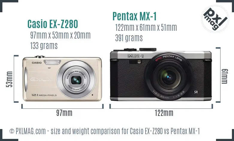 Casio EX-Z280 vs Pentax MX-1 size comparison