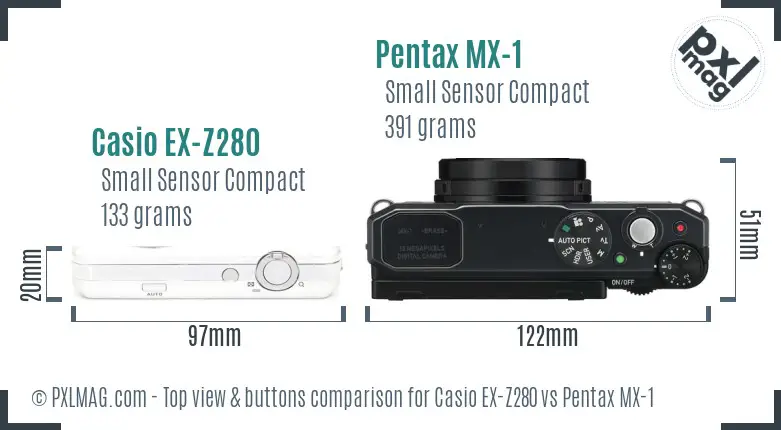 Casio EX-Z280 vs Pentax MX-1 top view buttons comparison