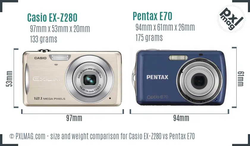 Casio EX-Z280 vs Pentax E70 size comparison