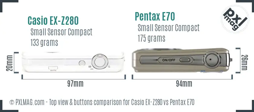 Casio EX-Z280 vs Pentax E70 top view buttons comparison