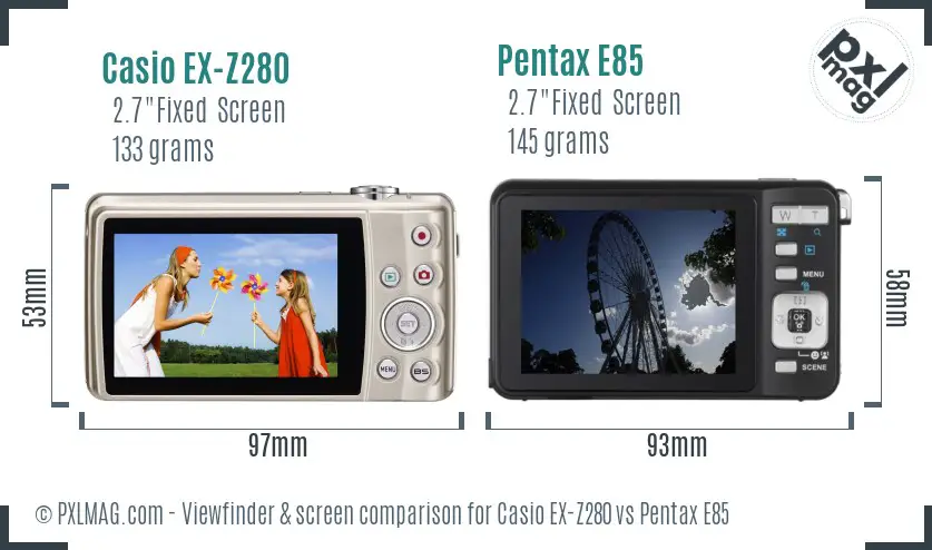 Casio EX-Z280 vs Pentax E85 Screen and Viewfinder comparison