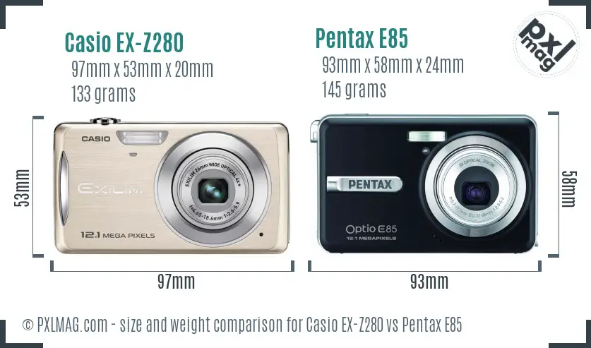 Casio EX-Z280 vs Pentax E85 size comparison