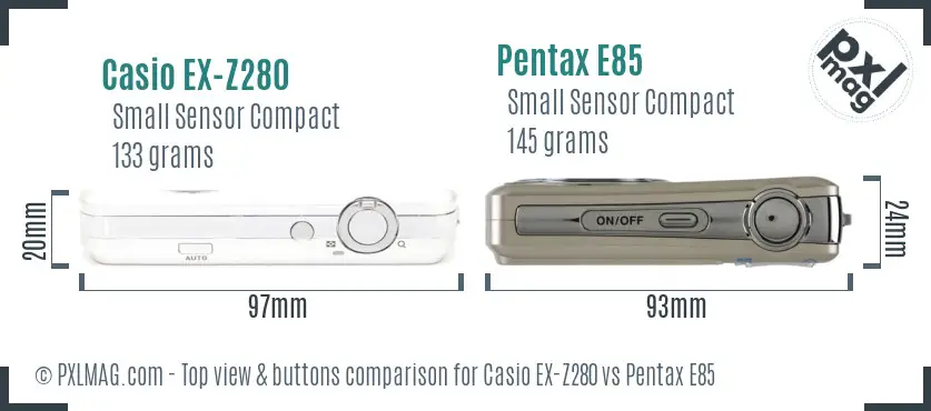 Casio EX-Z280 vs Pentax E85 top view buttons comparison