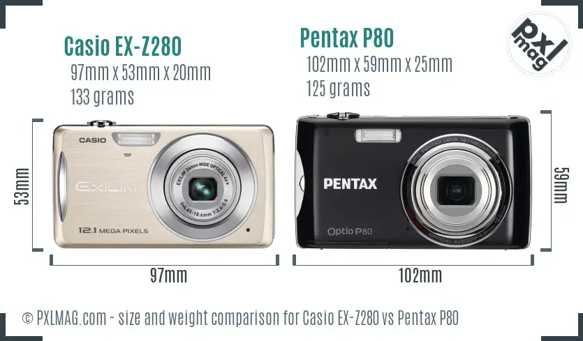 Casio EX-Z280 vs Pentax P80 size comparison