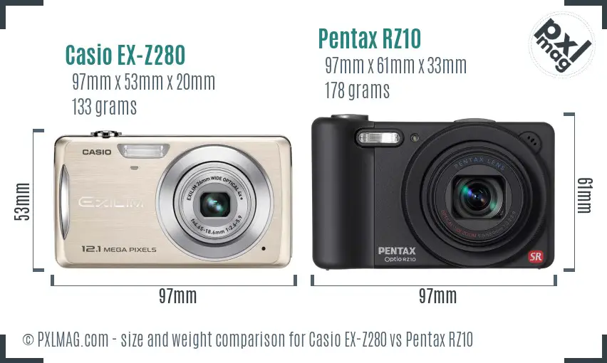 Casio EX-Z280 vs Pentax RZ10 size comparison