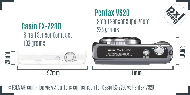 Casio EX-Z280 vs Pentax VS20 top view buttons comparison