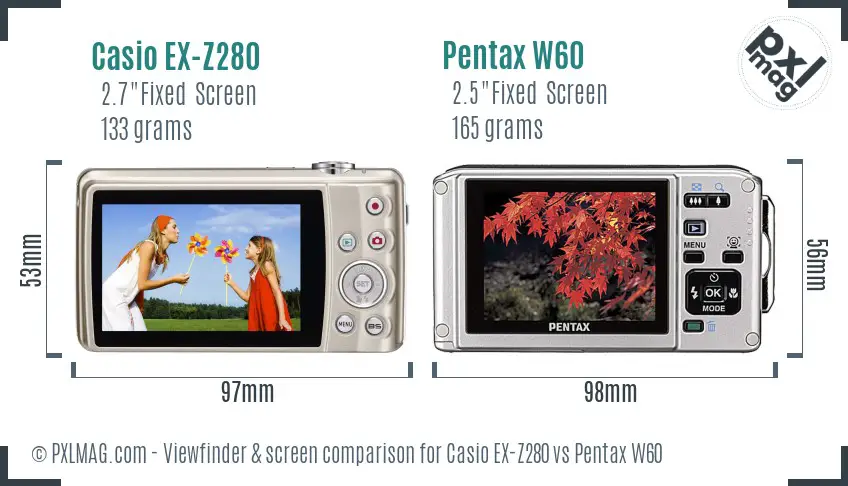 Casio EX-Z280 vs Pentax W60 Screen and Viewfinder comparison