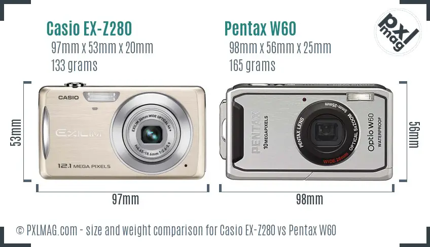 Casio EX-Z280 vs Pentax W60 size comparison