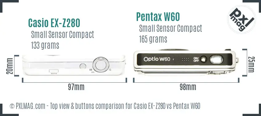 Casio EX-Z280 vs Pentax W60 top view buttons comparison