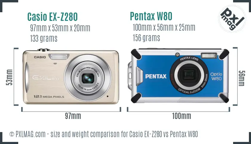 Casio EX-Z280 vs Pentax W80 size comparison