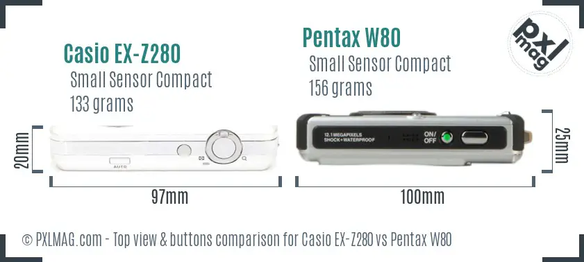 Casio EX-Z280 vs Pentax W80 top view buttons comparison