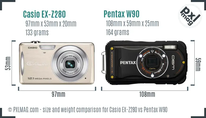 Casio EX-Z280 vs Pentax W90 size comparison