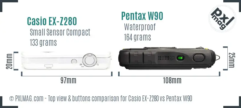 Casio EX-Z280 vs Pentax W90 top view buttons comparison