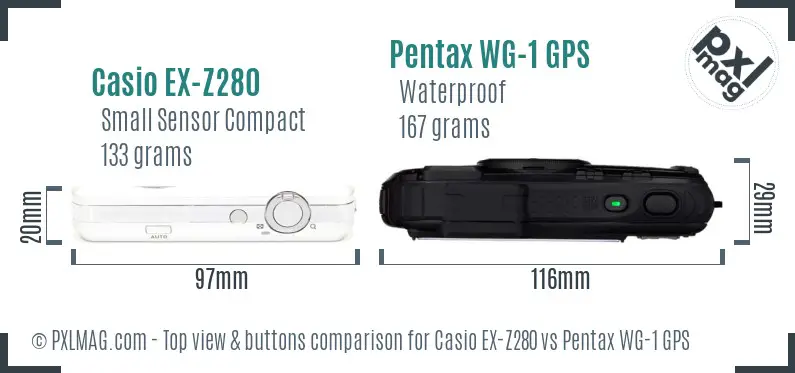 Casio EX-Z280 vs Pentax WG-1 GPS top view buttons comparison