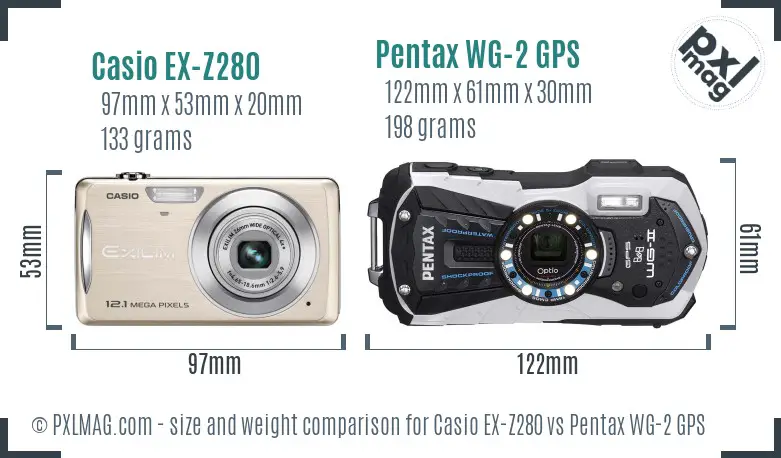 Casio EX-Z280 vs Pentax WG-2 GPS size comparison Casio EX-Z280 vs Pentax WG-2 GPS size comparison