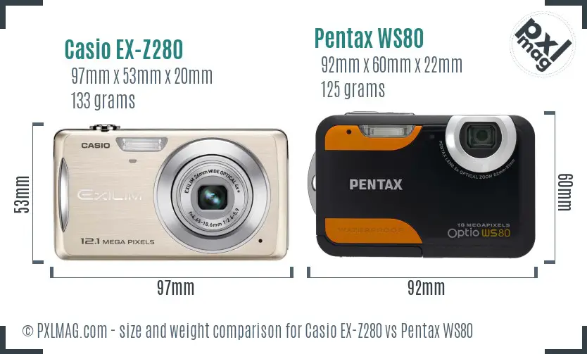 Casio EX-Z280 vs Pentax WS80 size comparison
