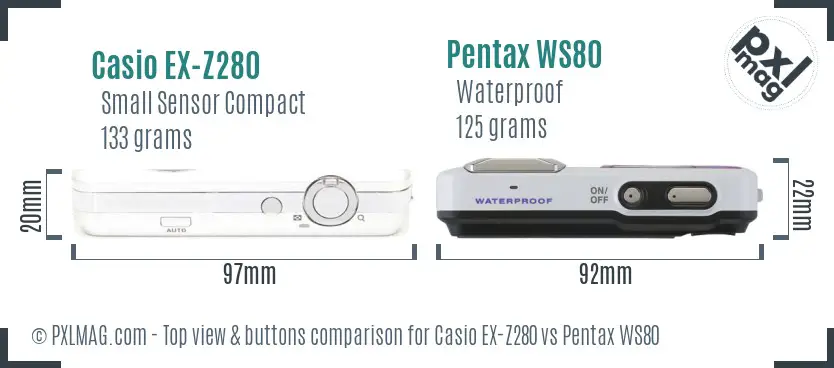 Casio EX-Z280 vs Pentax WS80 top view buttons comparison