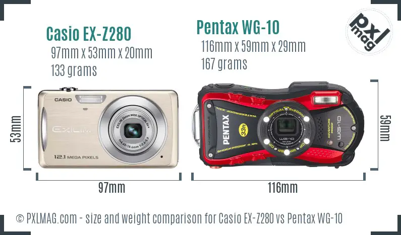 Casio EX-Z280 vs Pentax WG-10 size comparison Casio EX-Z280 vs Pentax WG-10 size comparison