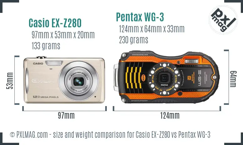 Casio EX-Z280 vs Pentax WG-3 size comparison Casio EX-Z280 vs Pentax WG-3 size comparison