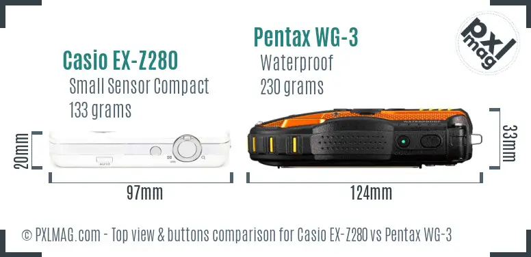 Casio EX-Z280 vs Pentax WG-3 top view buttons comparison Casio EX-Z280 vs Pentax WG-3 top view buttons comparison