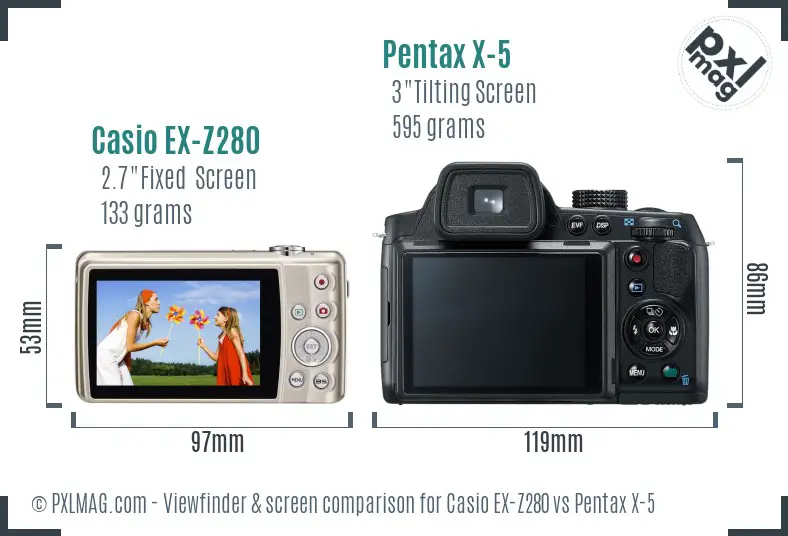 Casio EX-Z280 vs Pentax X-5 Screen and Viewfinder comparison