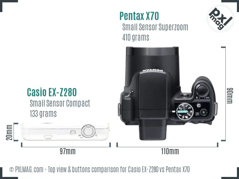 Casio EX-Z280 vs Pentax X70 top view buttons comparison