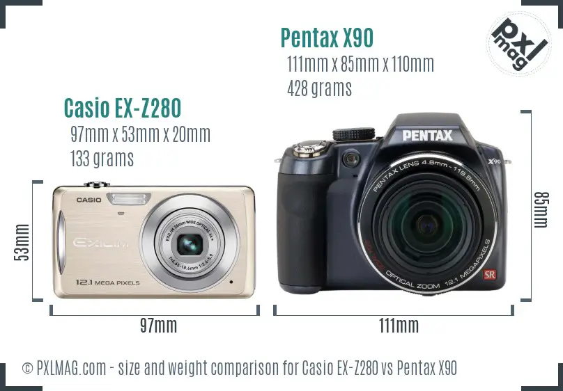 Casio EX-Z280 vs Pentax X90 size comparison