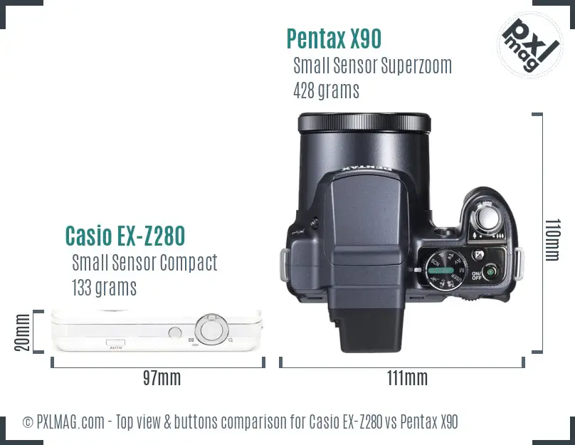 Casio EX-Z280 vs Pentax X90 top view buttons comparison