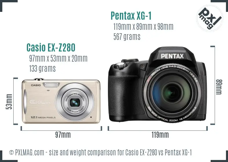 Casio EX-Z280 vs Pentax XG-1 size comparison Casio EX-Z280 vs Pentax XG-1 size comparison