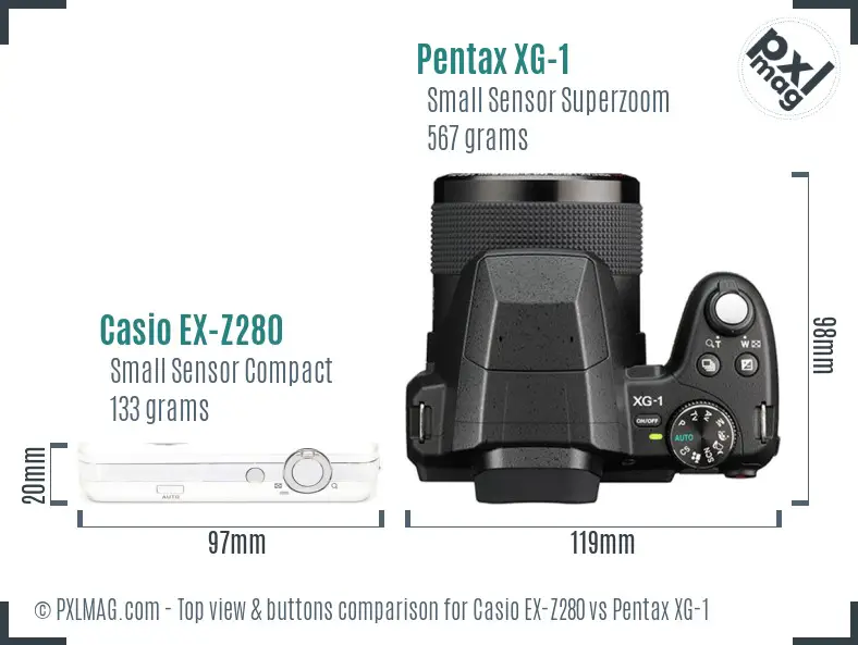 Casio EX-Z280 vs Pentax XG-1 top view buttons comparison Casio EX-Z280 vs Pentax XG-1 top view buttons comparison