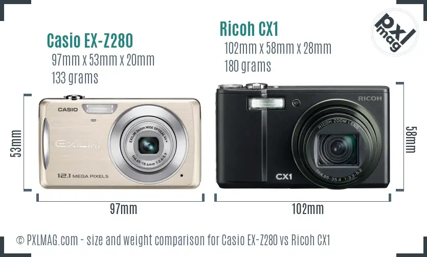 Casio EX-Z280 vs Ricoh CX1 size comparison