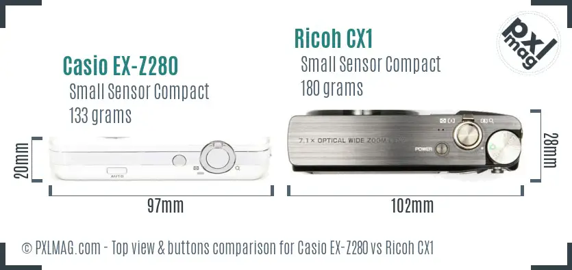 Casio EX-Z280 vs Ricoh CX1 top view buttons comparison