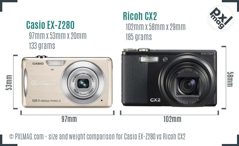 Casio EX-Z280 vs Ricoh CX2 size comparison