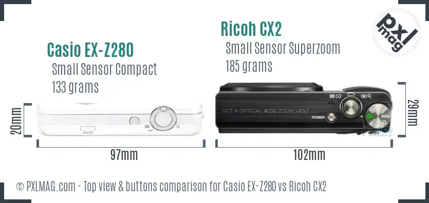 Casio EX-Z280 vs Ricoh CX2 top view buttons comparison
