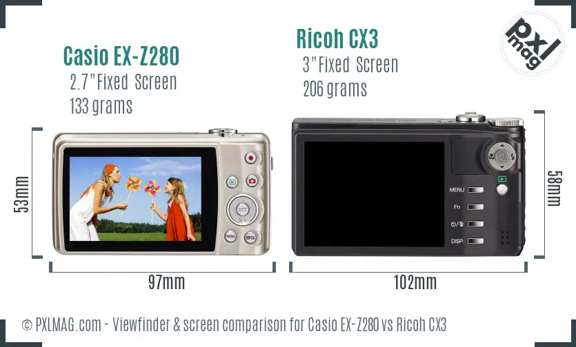 Casio EX-Z280 vs Ricoh CX3 Screen and Viewfinder comparison