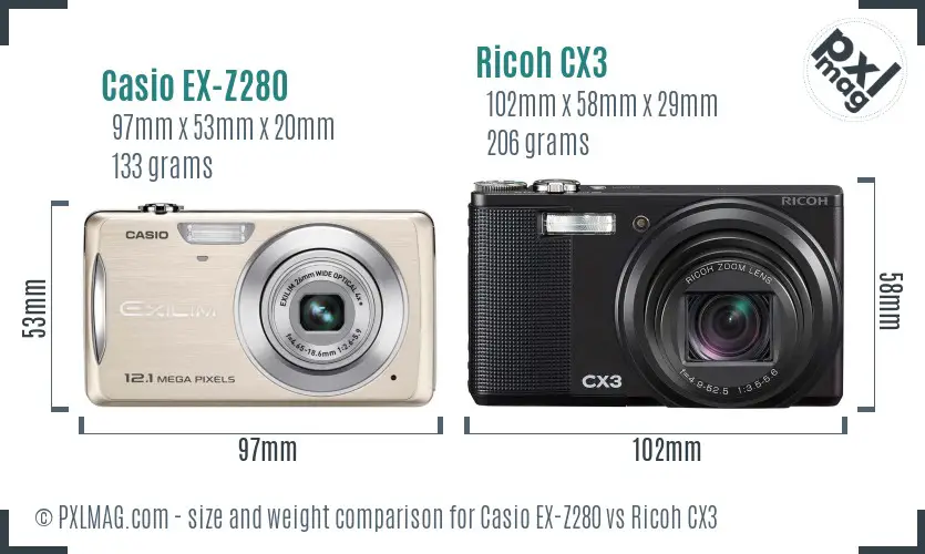 Casio EX-Z280 vs Ricoh CX3 size comparison